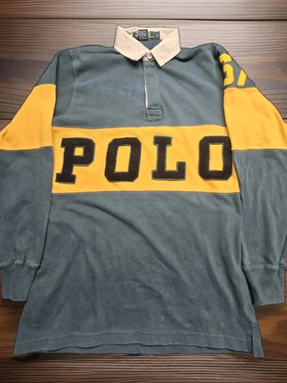 VTG Polo Ralph Lauren Rugby Shirt Macau Tag Green Yellow 67 Felt Applique L